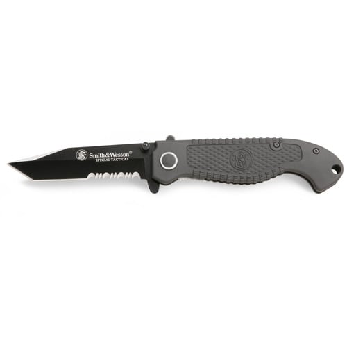 Smith & Wesson Rubber Coated Steel Liner Black Serrated Folding Knife